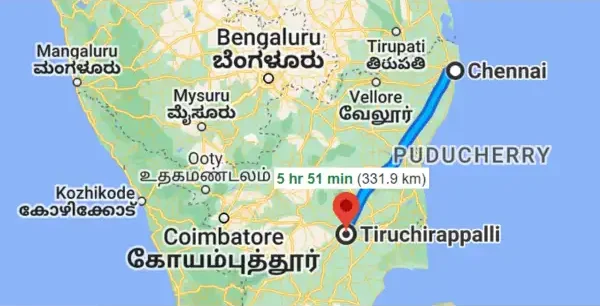 Our Chennai to Trichy drop taxi route.