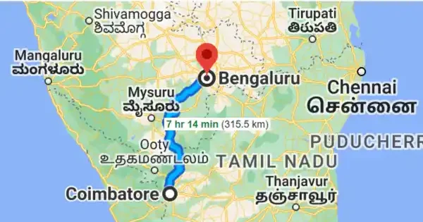 Our Coimbatore to Bangalore drop taxi route
