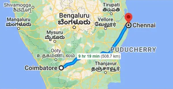 Our Coimbatore to Chennai drop taxi route